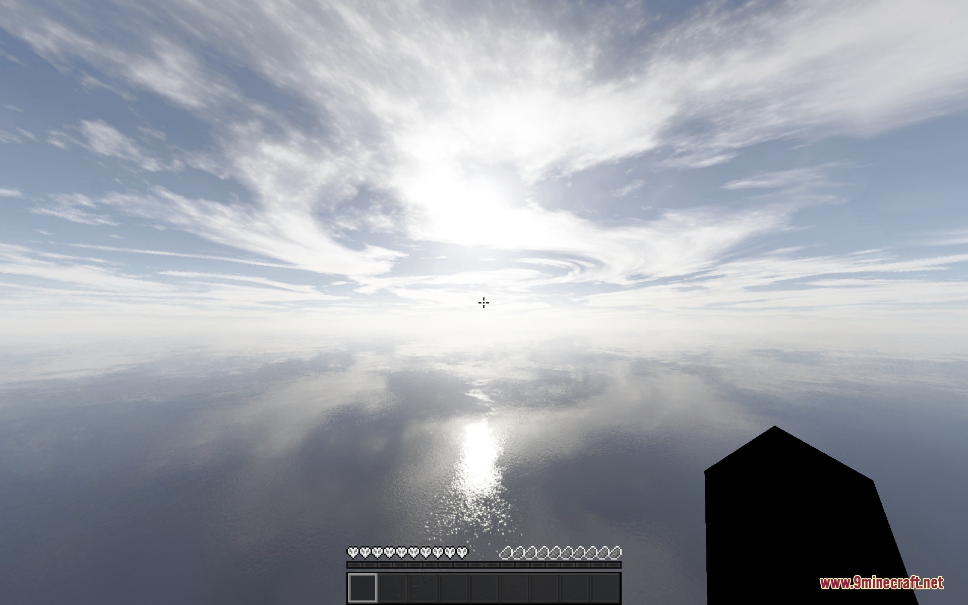 Blackium Resource Pack Screenshot 3 Minimalist black and white interface displayed over a realistic sky and ocean