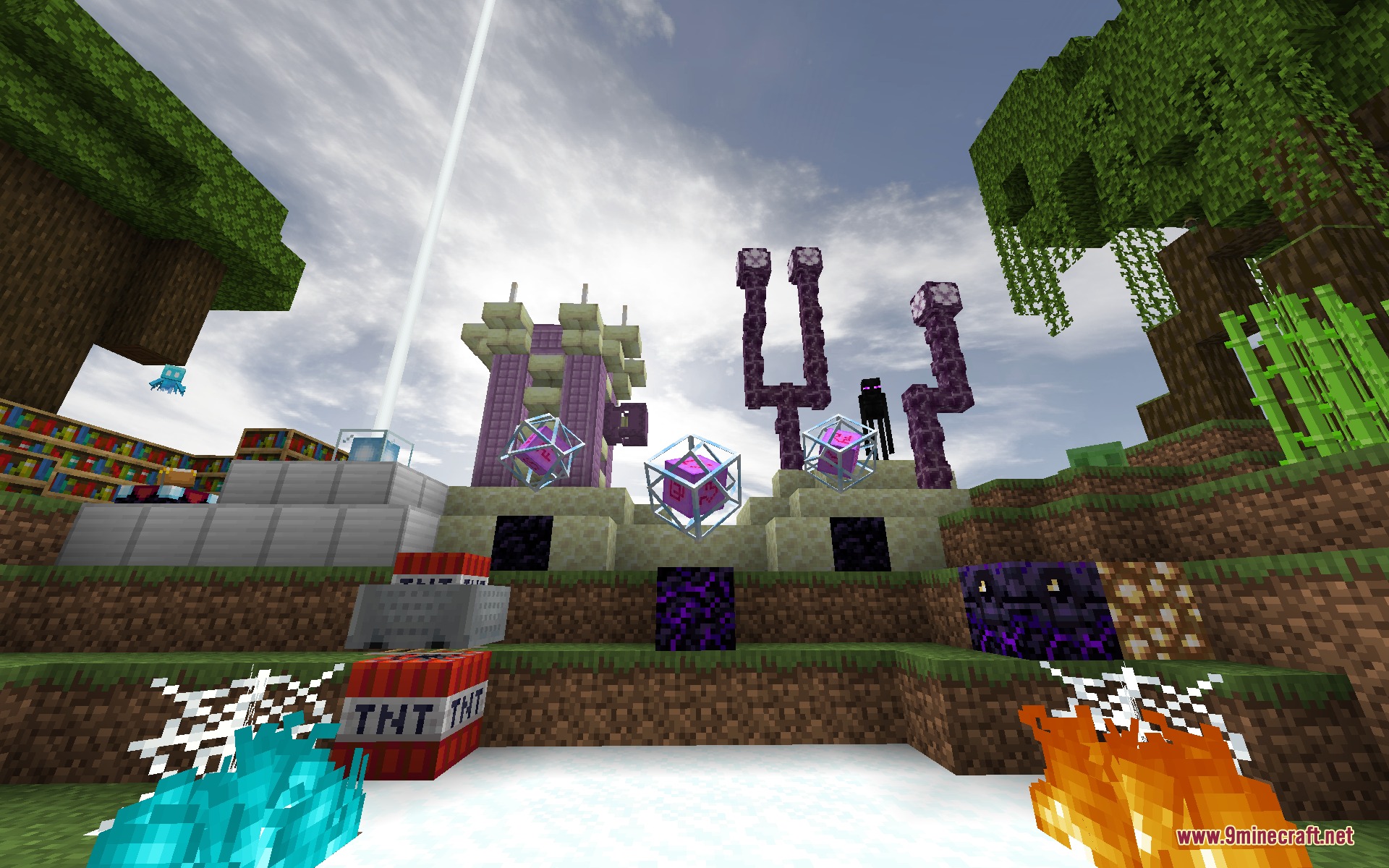Blackium Resource Pack Screenshot 6 End city structures and various blocks displayed under a realistic custom sky