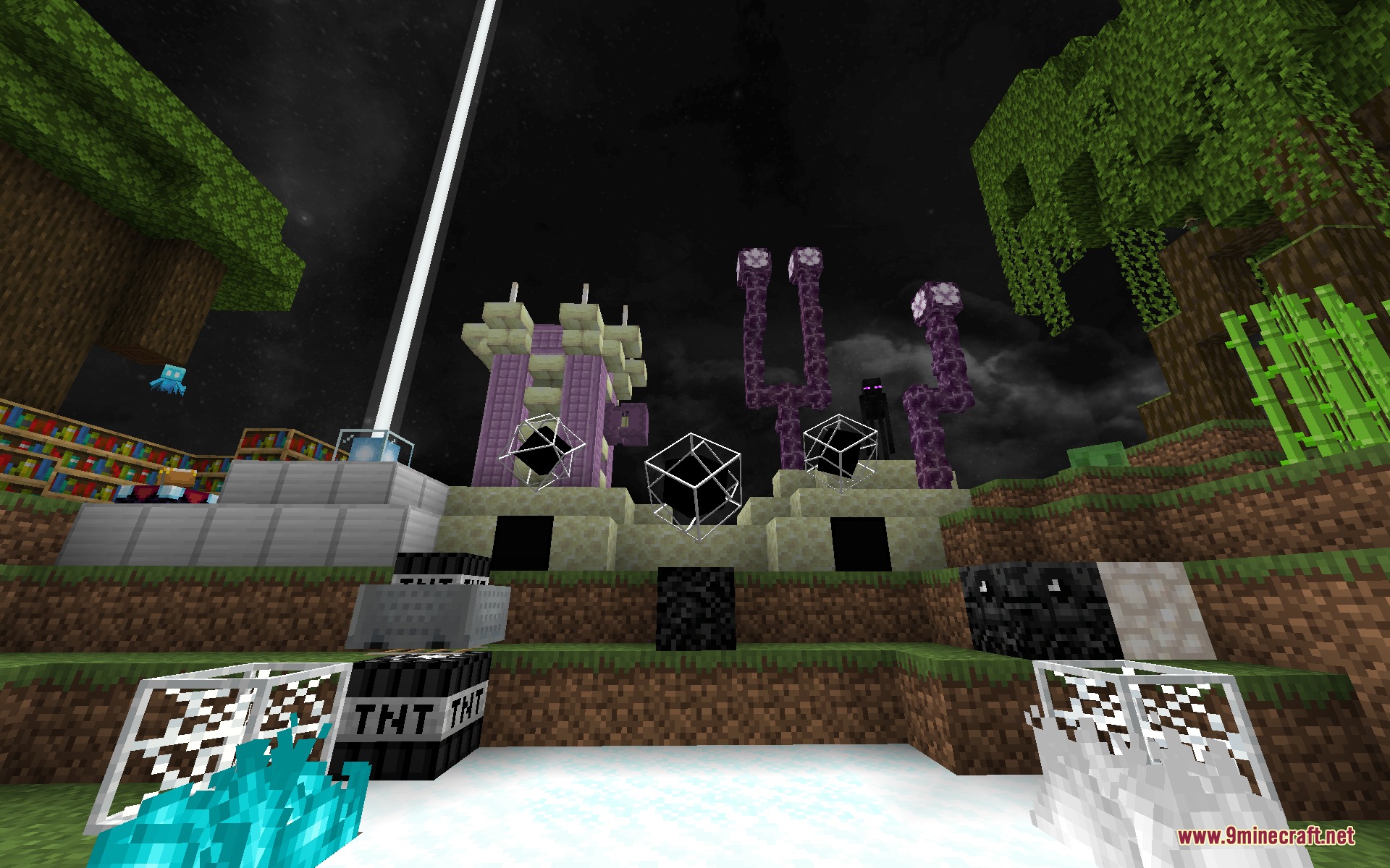 Blackium Resource Pack Screenshot 7 End city structures and Enderman standing under a dark and cloudy sky