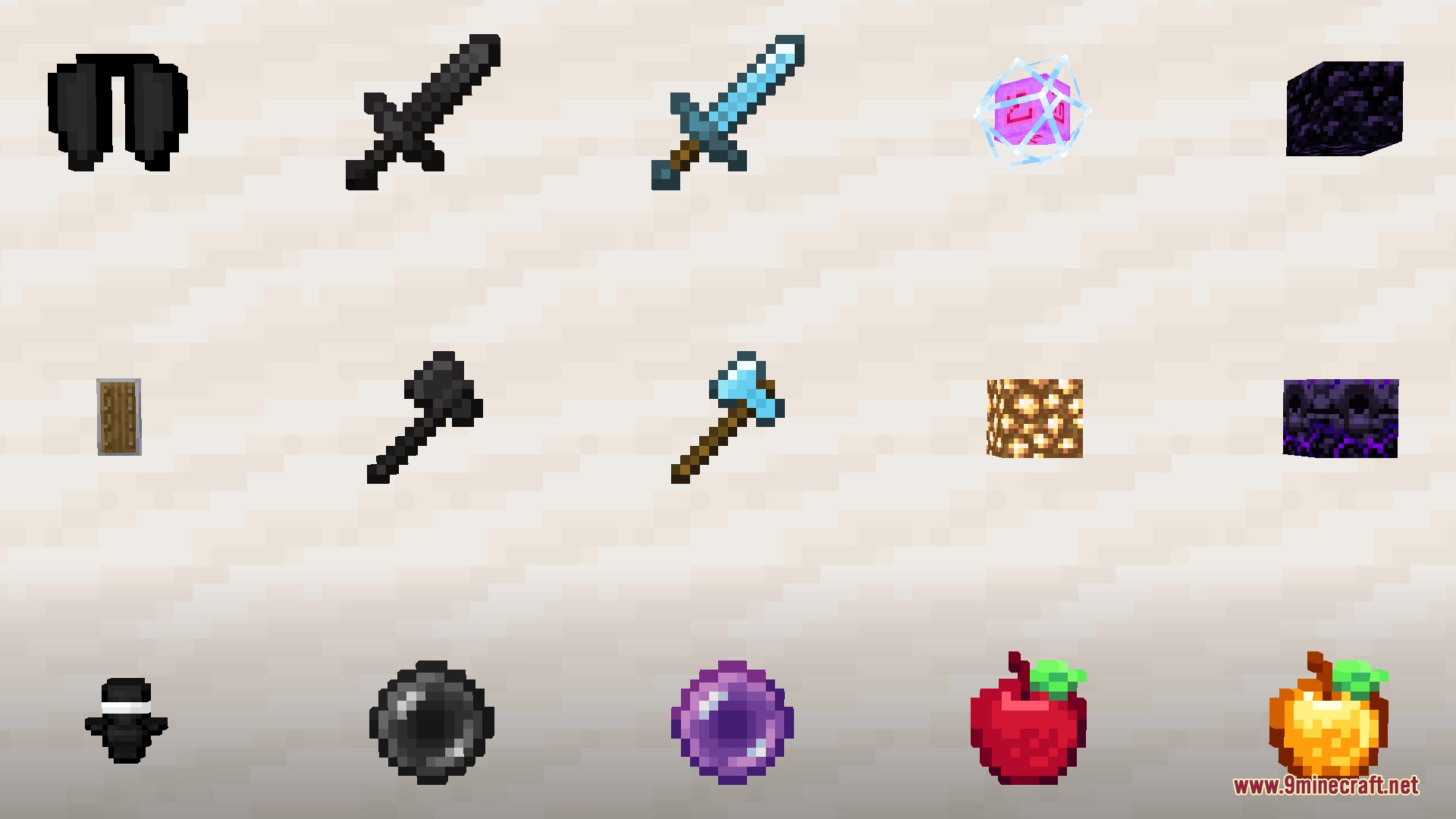 Blackium Resource Pack Screenshot 8 Dark themed netherite tools and items displayed on a light colored background