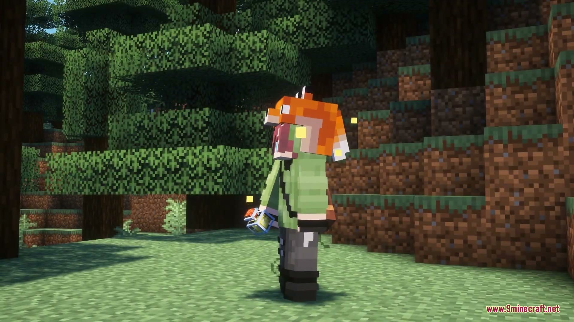 Blight Spark Visuals Mod Screenshot 2 Yellow particles rise around a character wearing a fox hat in the woods