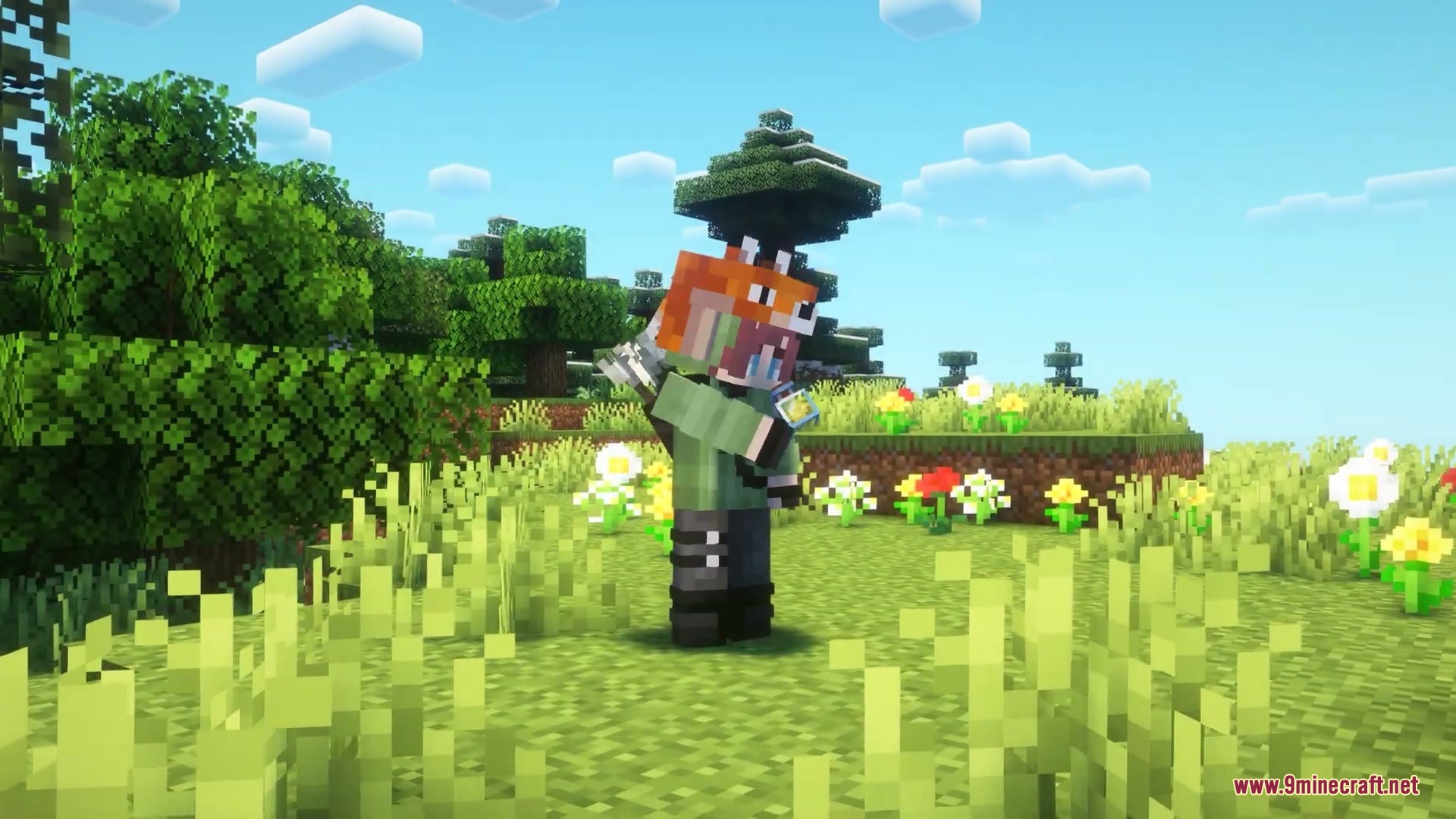 Blight Spark Visuals Mod Screenshot 3 A character with a fox hat stands in a field with Blight Spark effects