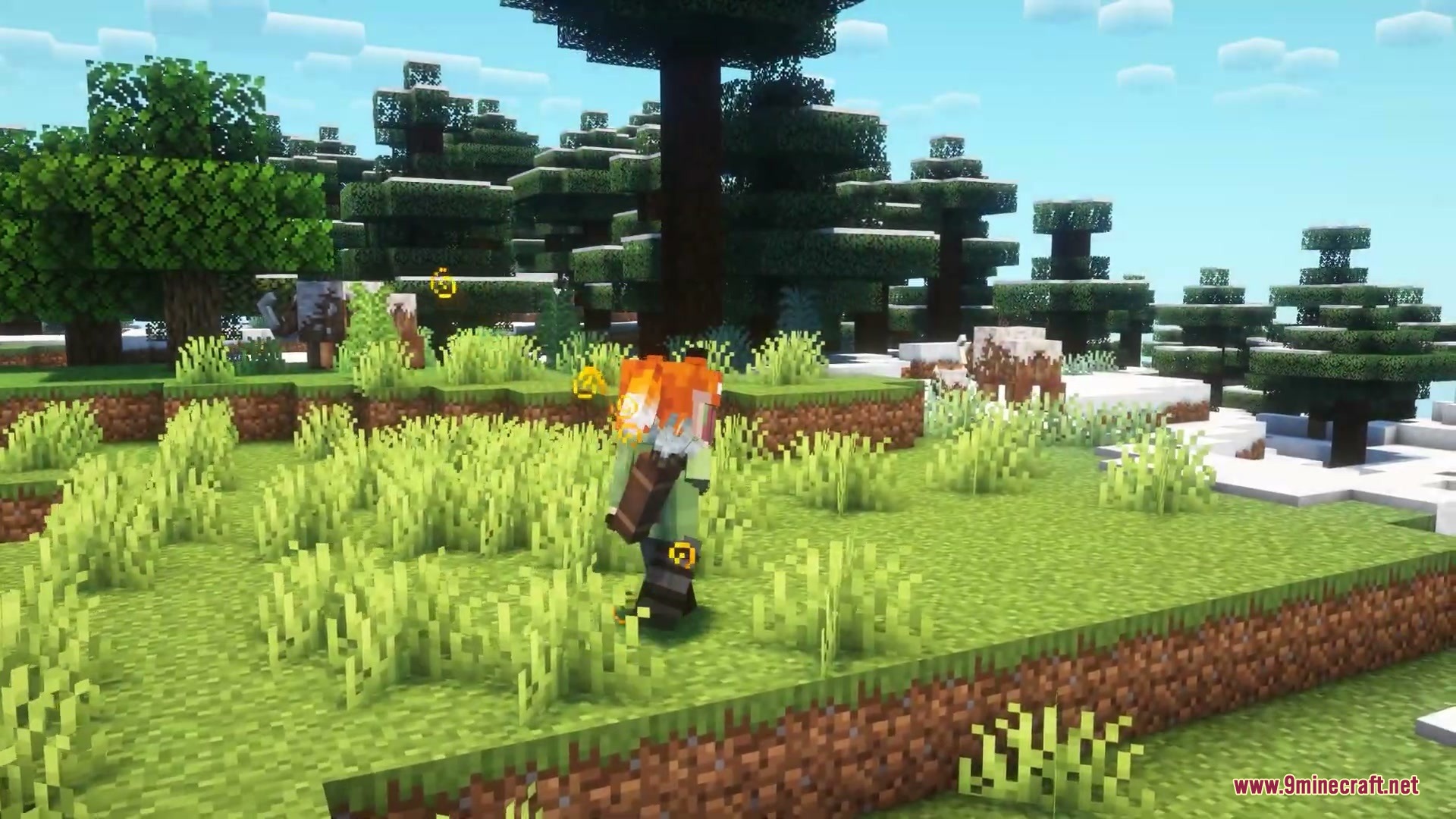 Blight Spark Visuals Mod Screenshot 5 Glowing yellow particles rise around a character walking through a grassy forest biome