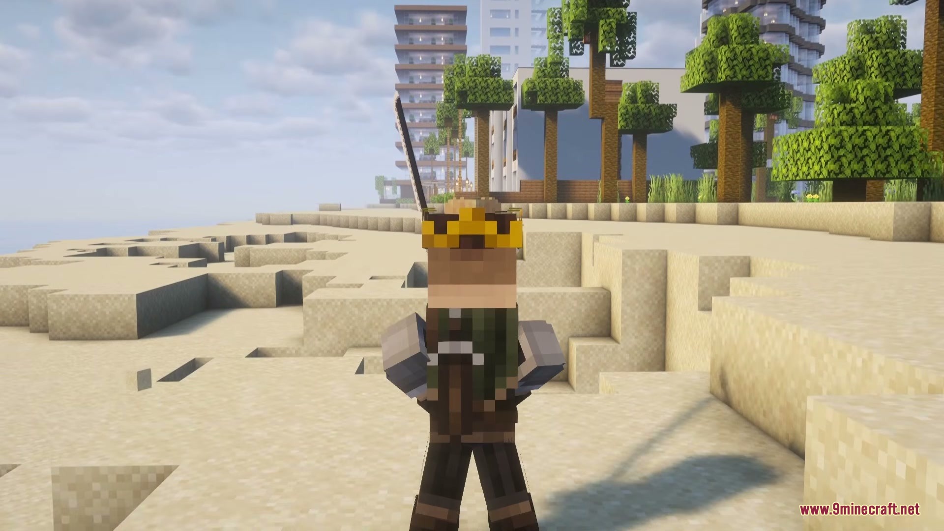 Block Clover Black Clover Mod Screenshot 10 A character wearing a crown stands on a beach near a modern city