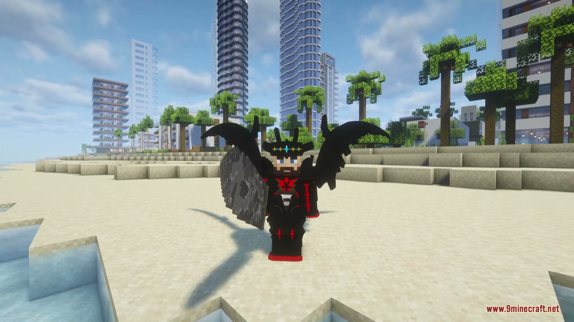 Block Clover Black Clover Mod Screenshot 3 A player in Block Clover devil armor standing on a sandy beach