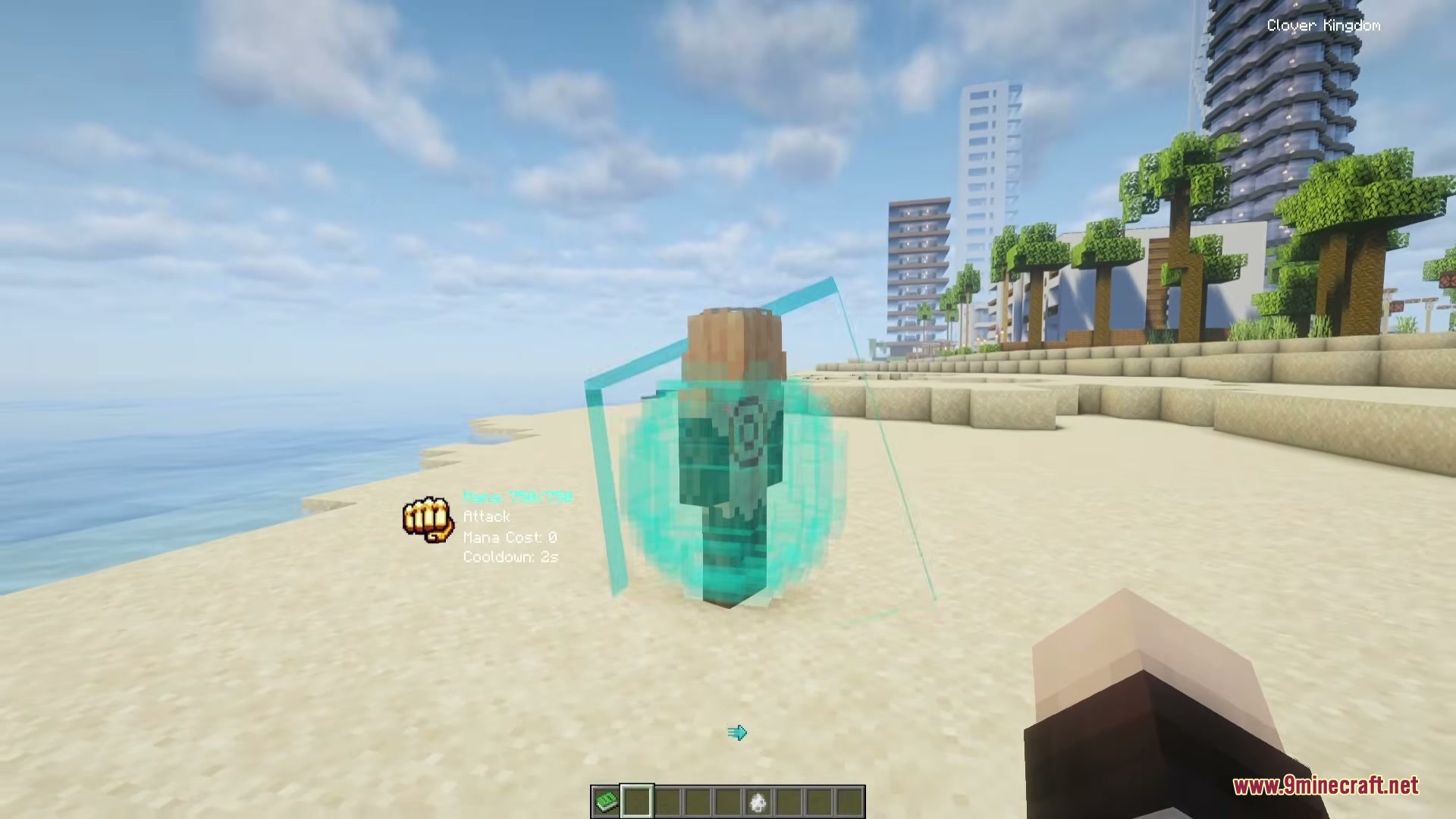 Block Clover Black Clover Mod Screenshot 5 A player character standing on a beach using a Block Clover magic shield