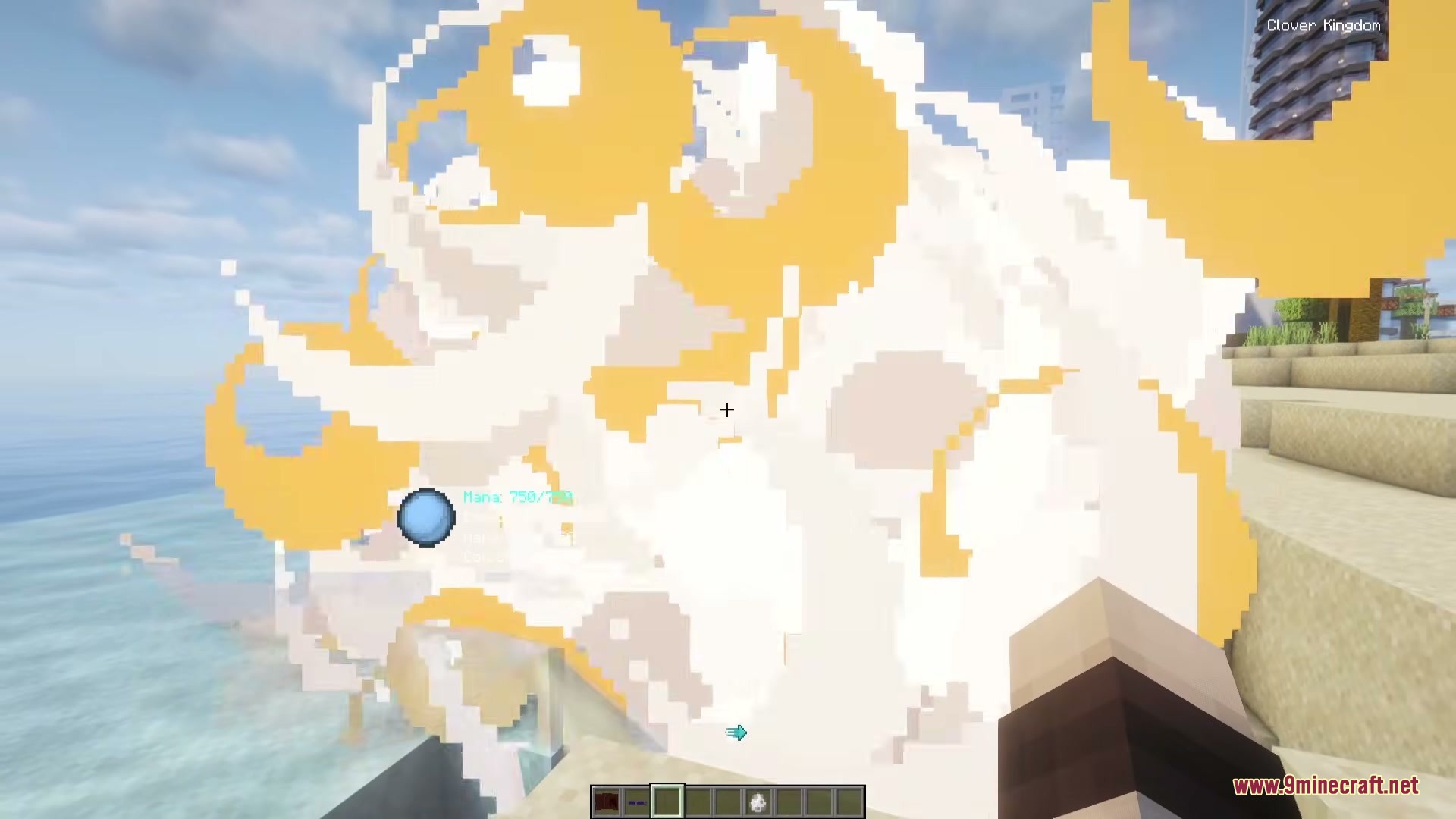 Block Clover Black Clover Mod Screenshot 6 A massive yellow and white magical explosion occurs on a sandy beach