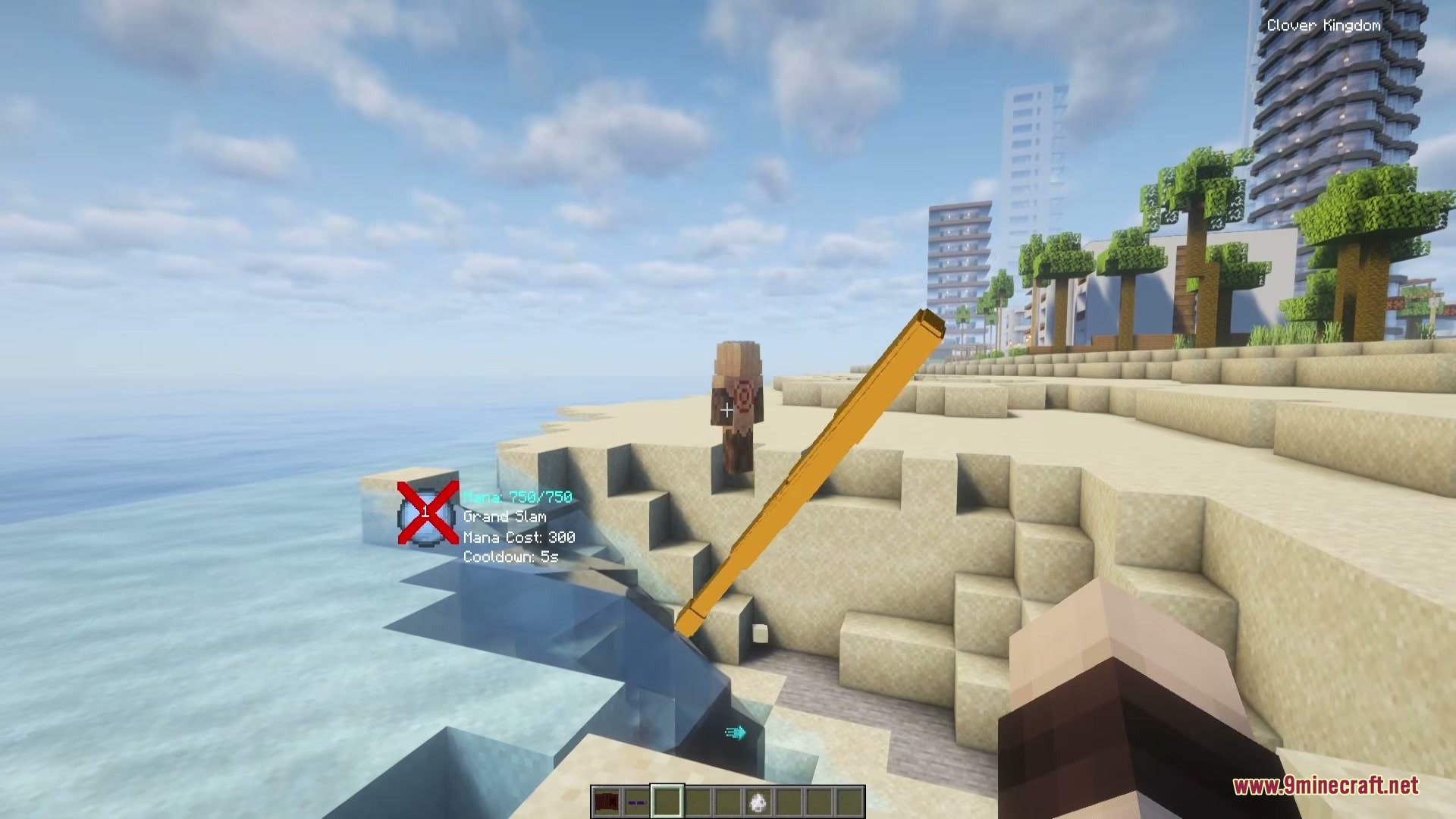 Block Clover Black Clover Mod Screenshot 7 Player holding a golden staff while aiming at a villager on the beach