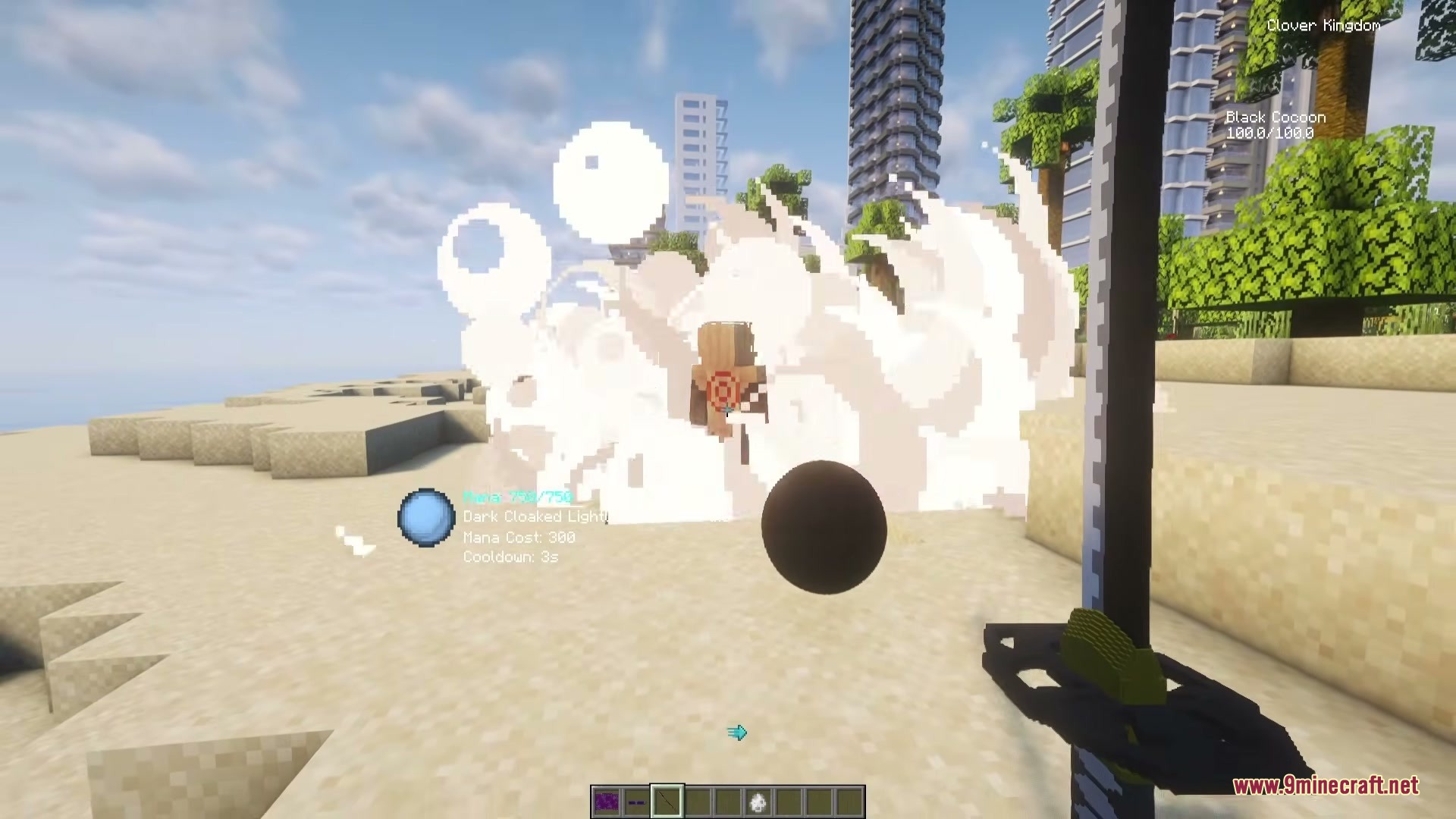 Block Clover Black Clover Mod Screenshot 9 A player casts a dark magic spell creating a large explosion on the beach