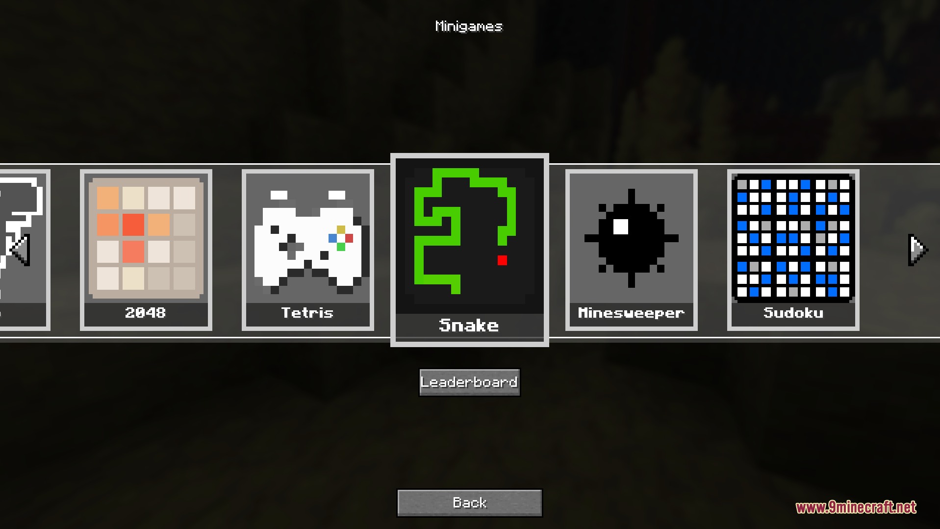 A custom menu interface displaying several classic arcade minigames within Minecraft