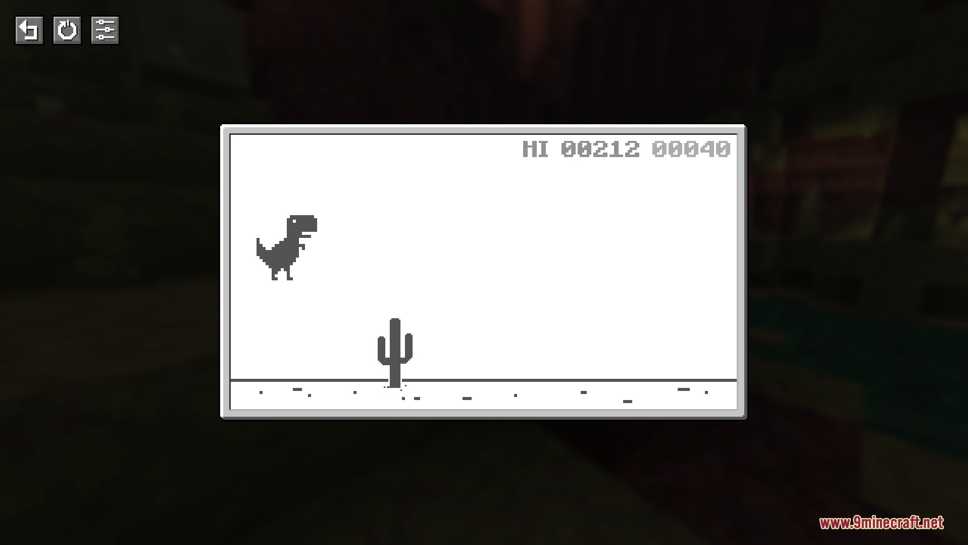 A pixelated dinosaur jumps over a cactus in a retro arcade minigame