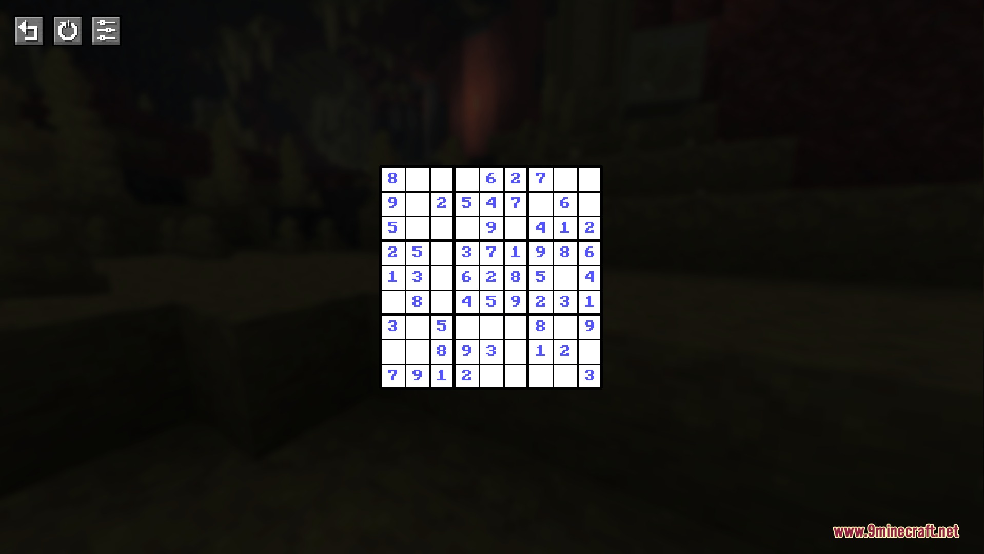 A Sudoku puzzle grid displayed on the screen within a Minecraft world