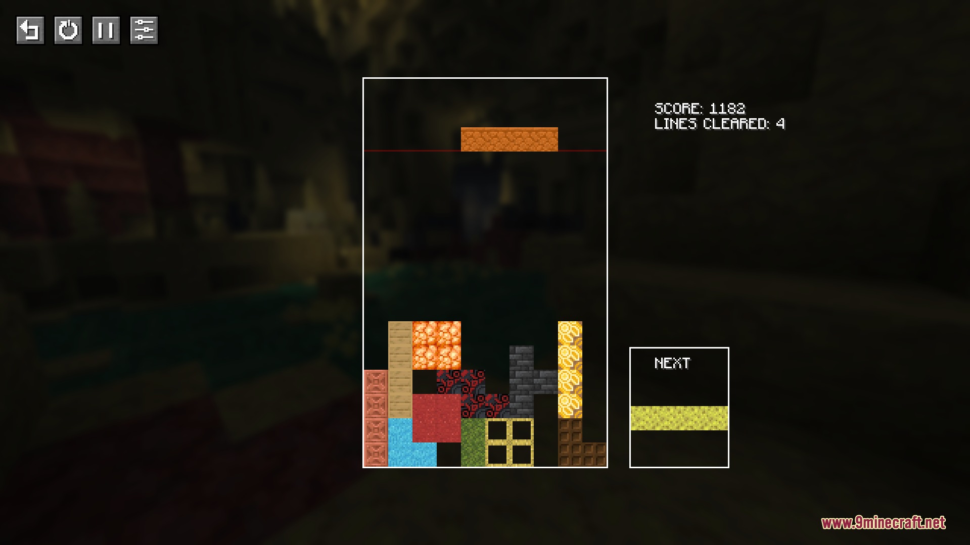 A Tetris mini game interface with colorful blocks and a score counter