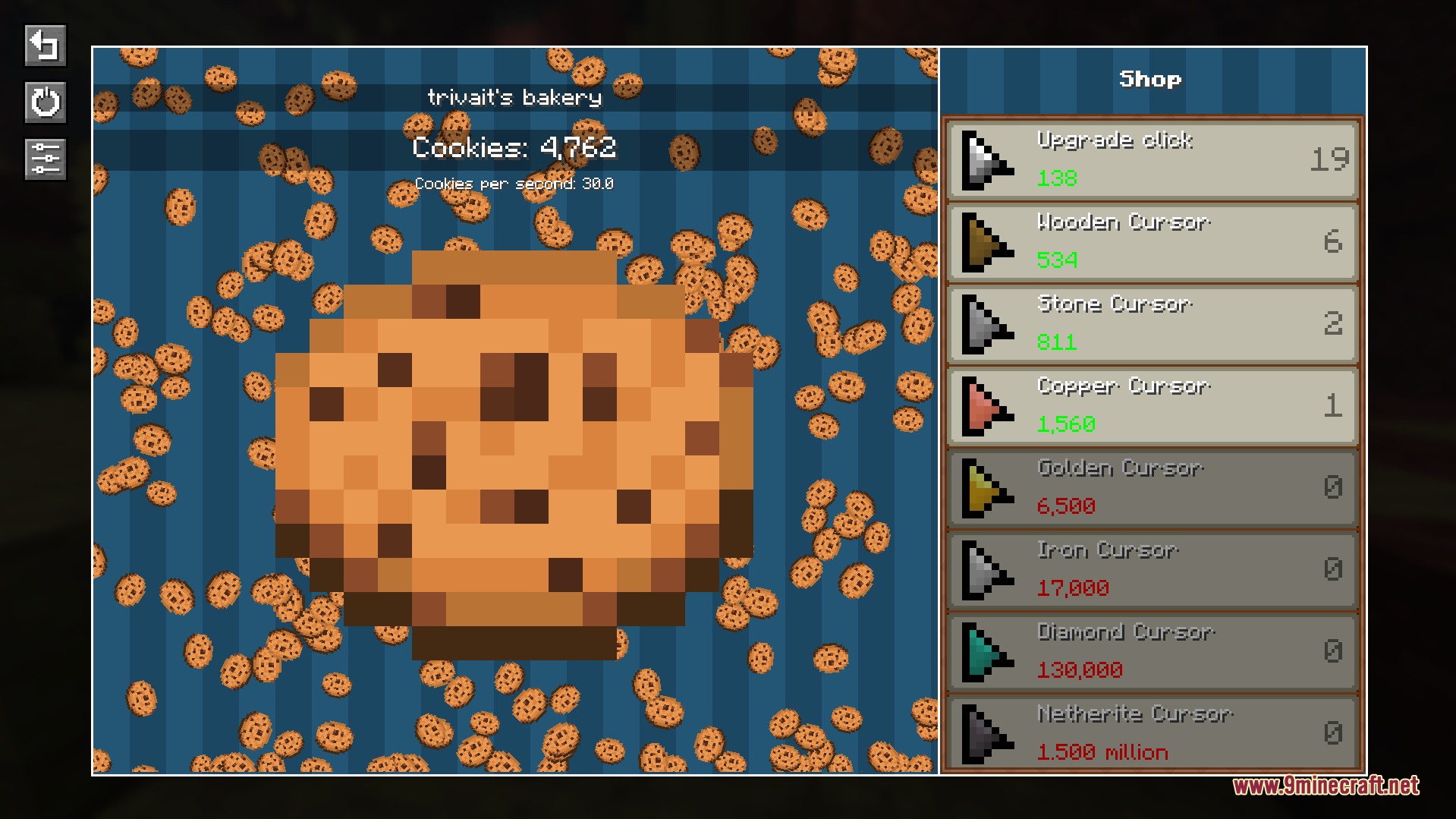 Cookie clicker minigame interface with a shop menu and floating cookies