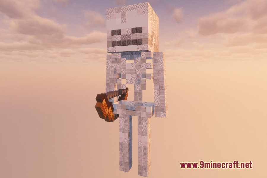 Blockception Full Resource Pack Screenshot 2 Large skeleton mob made of tiny blocks standing in the sky