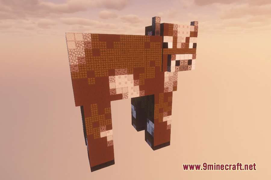 Blockception Full Resource Pack Screenshot 3 A giant cow mob from the Blockception resource pack made of tiny blocks