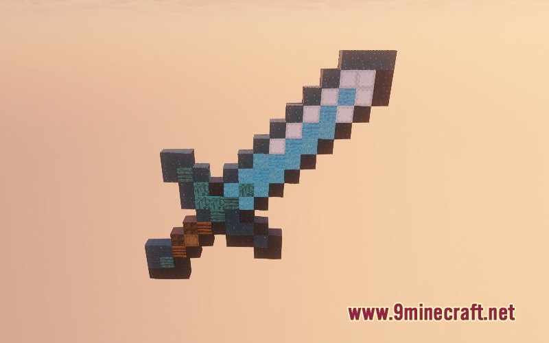 Blockception Full Resource Pack Screenshot 4 A diamond sword item rendered with a detailed mosaic of various block textures