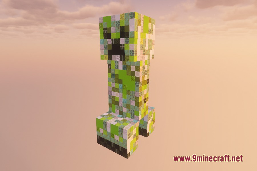Blockception Full Resource Pack Screenshot 8 A green Creeper mob created with a detailed mosaic of miniature blocks