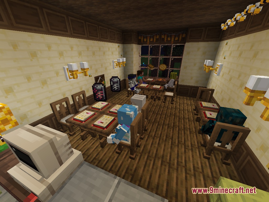 Customers dining in a cozy restaurant with wooden tables and freshly served food