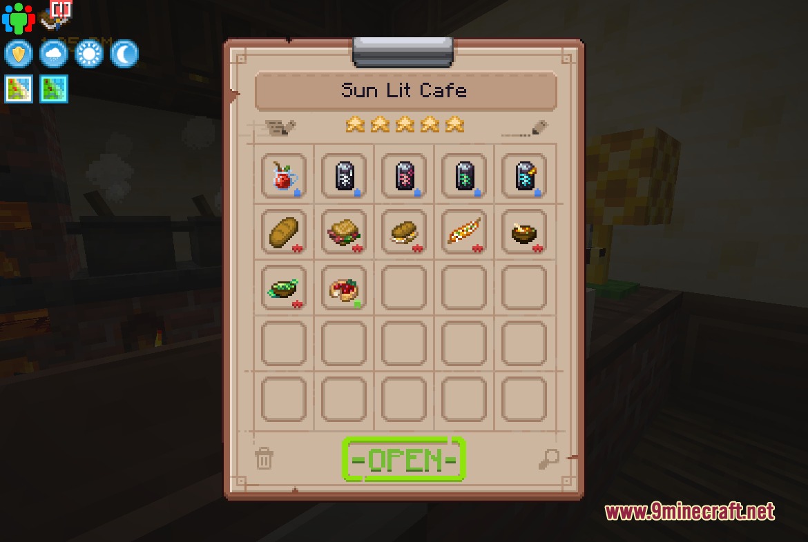 The Sun Lit Cafe menu interface showing various food and drink items