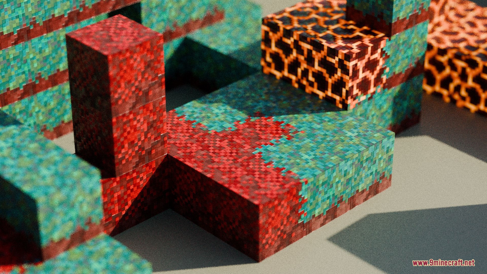 Close up of various Minecraft blocks with realistic shadows and biome tinting