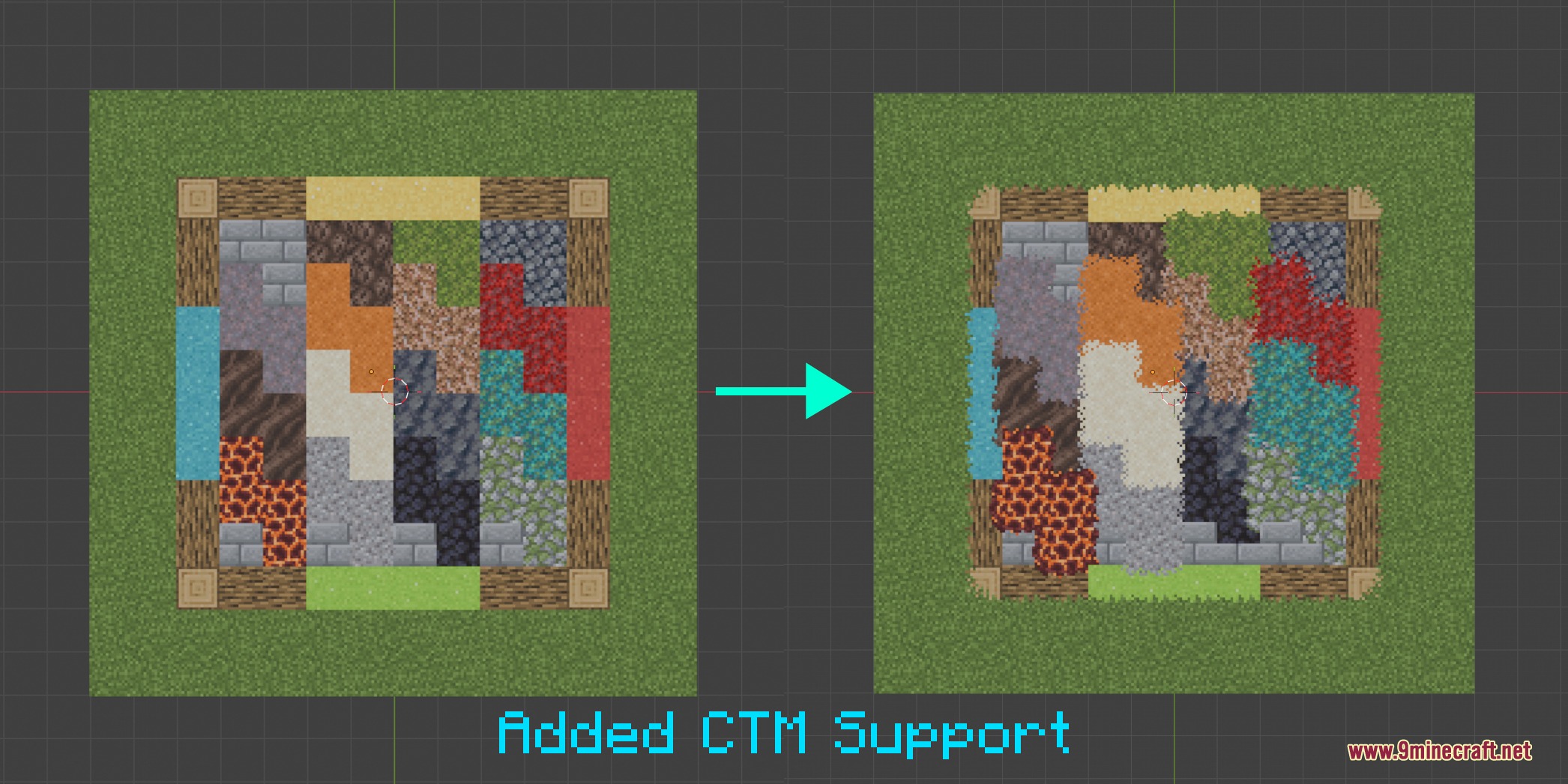 A comparison of Minecraft blocks showing the visual effect of connected texture support