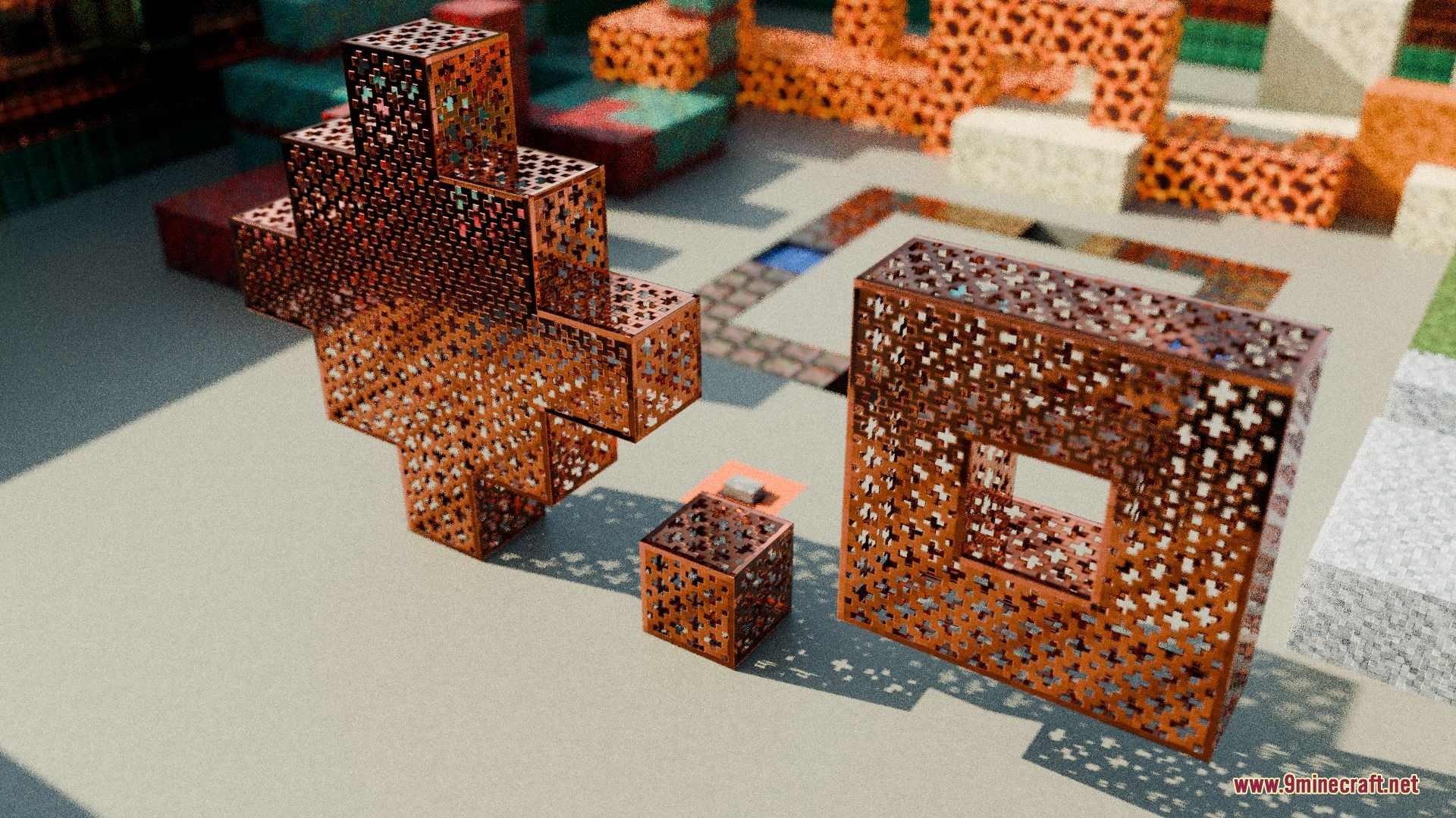 Intricate 3D models of Minecraft blocks rendered with realistic lighting and shadows