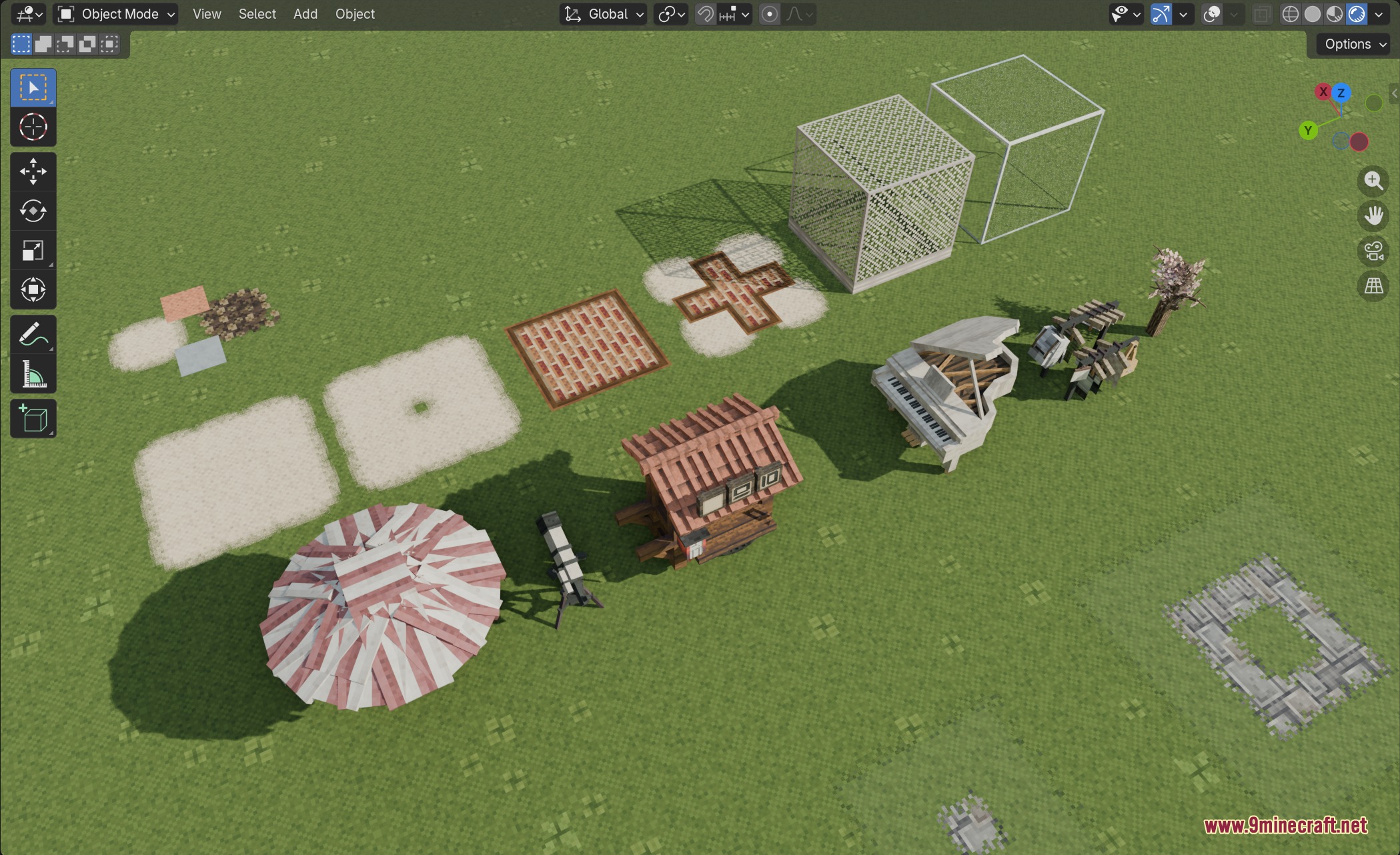 Exported Minecraft 3D models including a piano and tent inside Blender interface