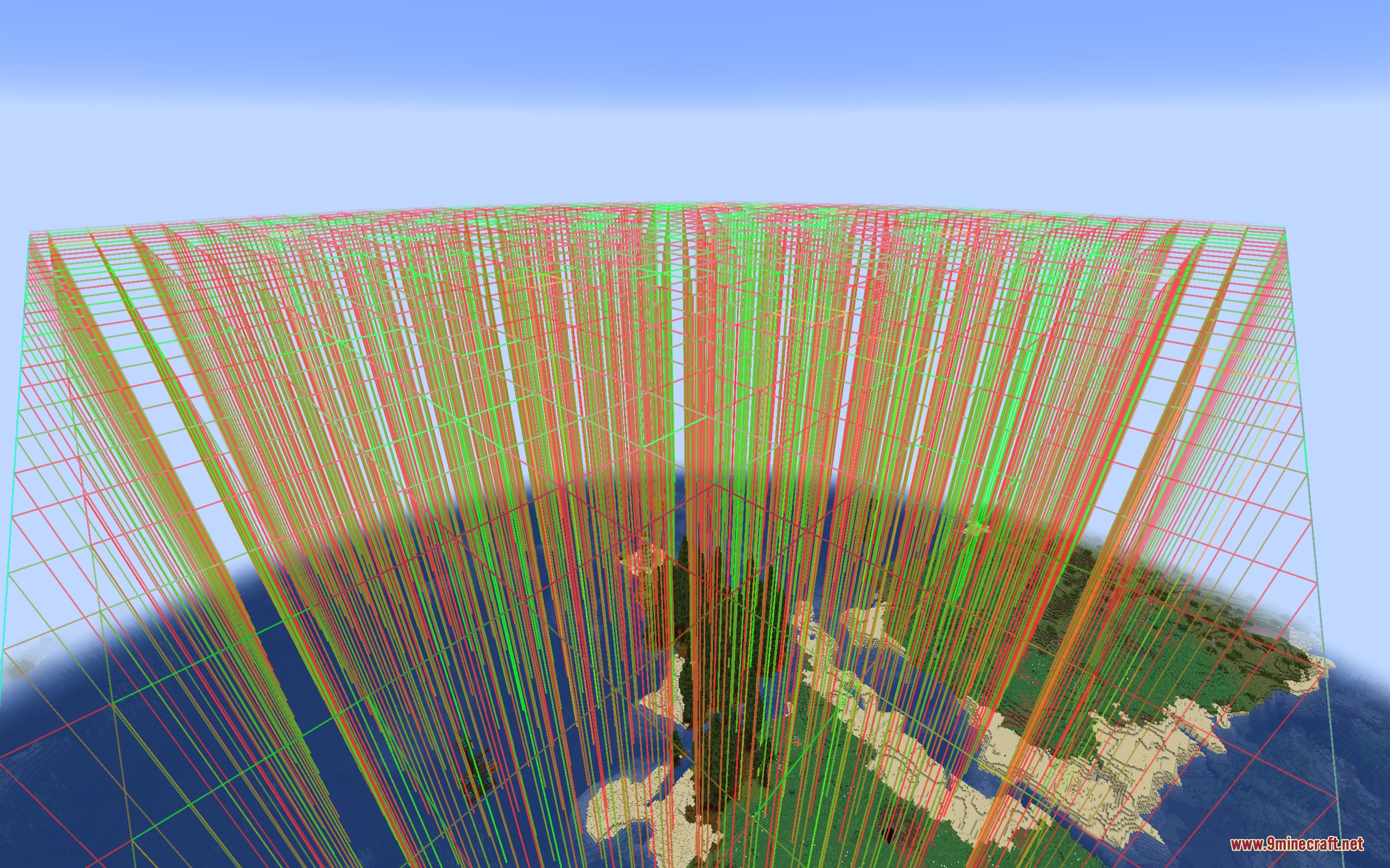 A large grid of red and green lines covering a Minecraft landscape