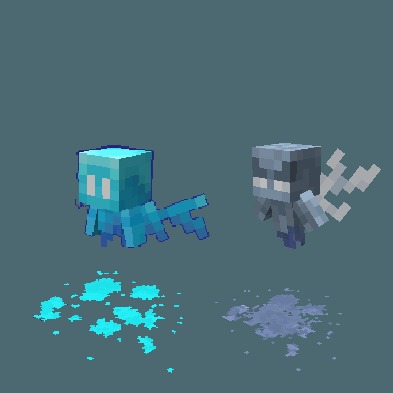 Blood N' Particles Data Pack Screenshot 10 Blue and grey Minecraft mobs floating above colored splatters on the ground