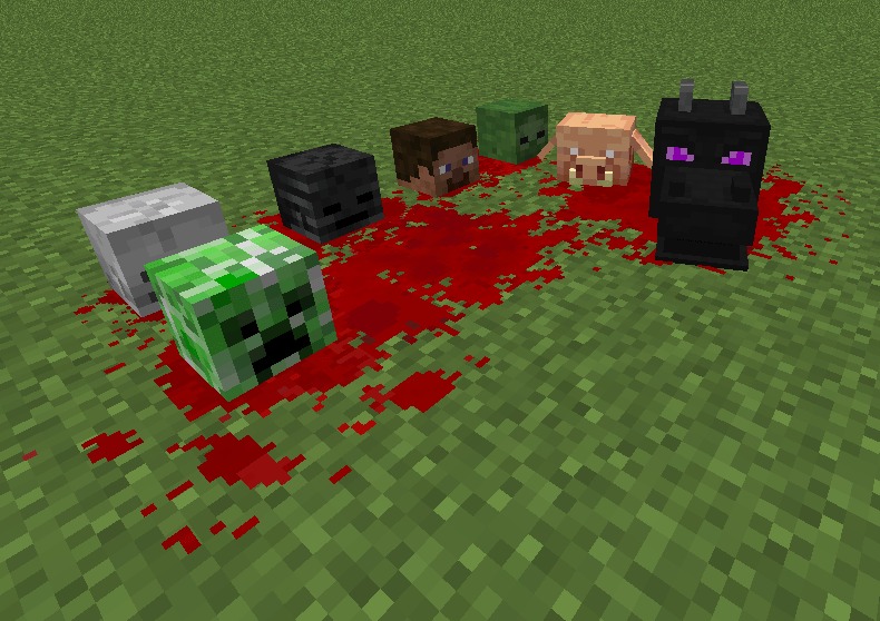 Blood N' Particles Data Pack Screenshot 4 Various mob heads placed on top of a large blood splatter