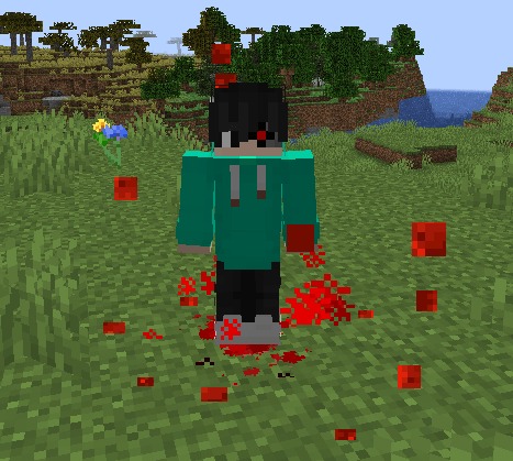 Blood N' Particles Data Pack Screenshot 5 A Minecraft character standing on grass surrounded by red blood particles and splashes