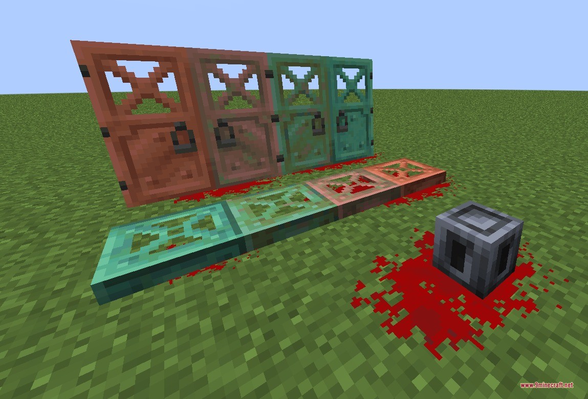 Blood N' Particles Data Pack Screenshot 7 Copper doors and trapdoors displayed with red blood particles on the grassy ground