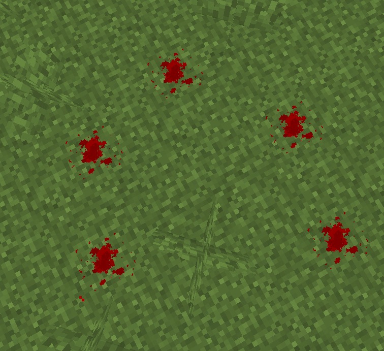 Blood N' Particles Data Pack Screenshot 8 Small red blood spots covering the surface of green grass blocks in Minecraft