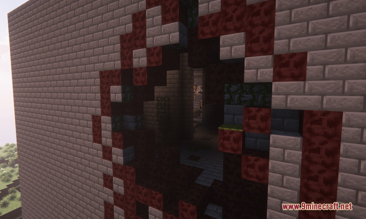 Bloodbathen Mod Screenshot 1 A massive hole in a stone brick wall with red block edges