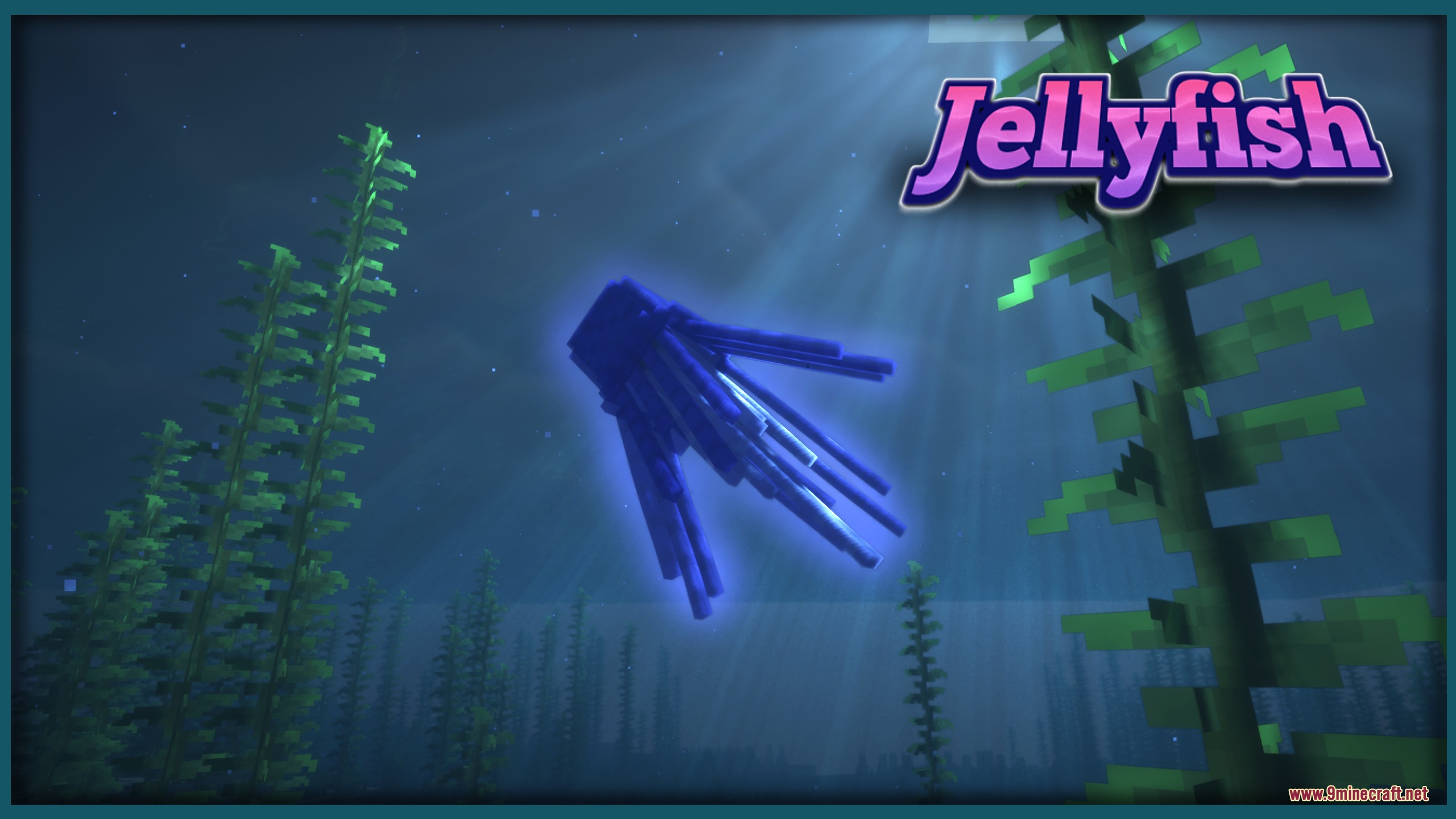 A blue box jellyfish swims through the deep ocean near tall green kelp