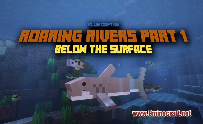A large shark swims past smaller fish in the Blue Depths underwater world