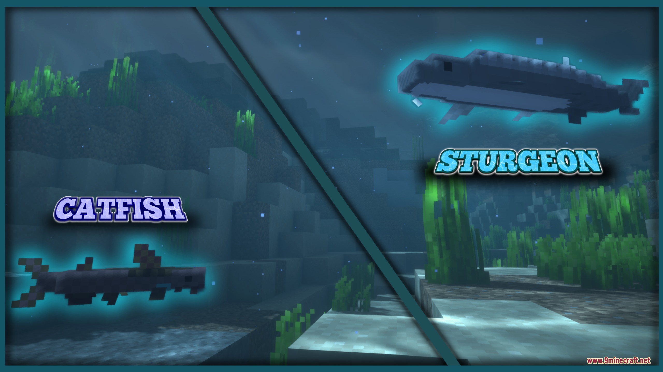 Catfish and Sturgeon fish swimming together in a dark Minecraft ocean biome