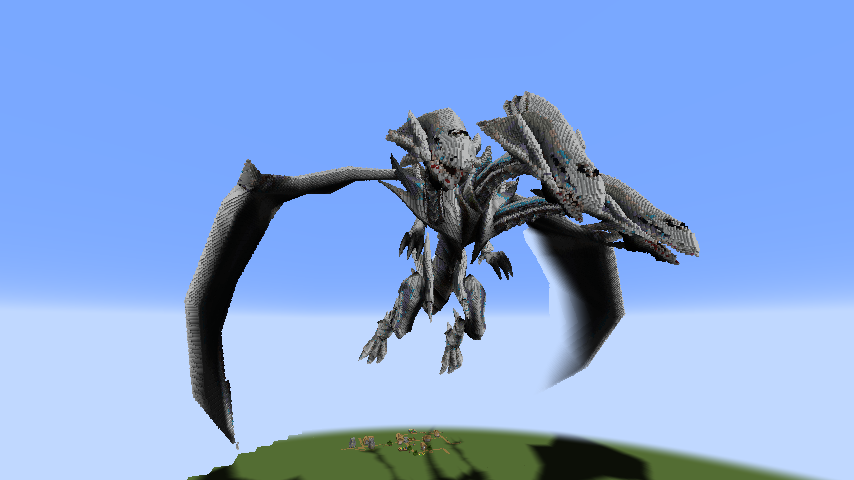 Giant Blue Eyes Ultimate Dragon structure soaring through the clear blue sky