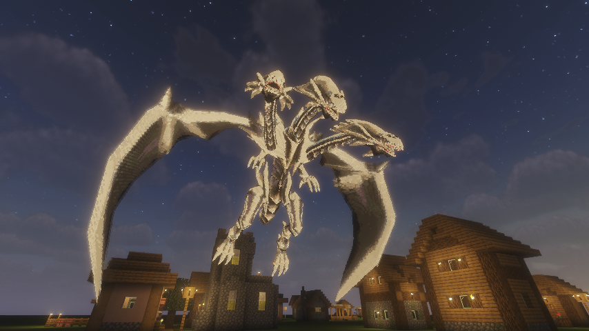 Giant three headed white dragon statue hovering over a Minecraft village at night