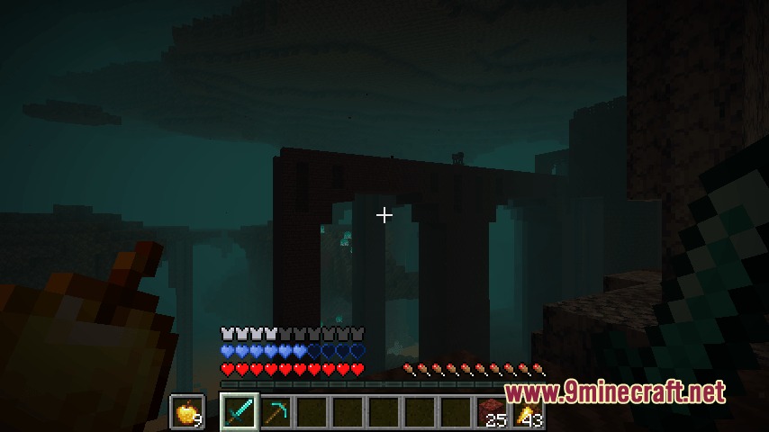 Blue Hearts Mod Screenshot 1 Player holding a golden apple near a Nether fortress with blue health hearts