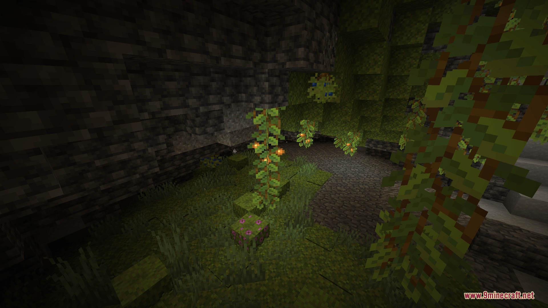 Blue Hearts Mod Screenshot 4 Mossy cave floor featuring a flowering azalea bush and hanging fruit vines