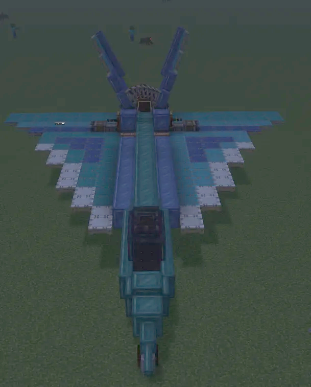 Blue Sky Speeder Schematic Screenshots 1 Front view of a blue and teal jet plane on flat ground