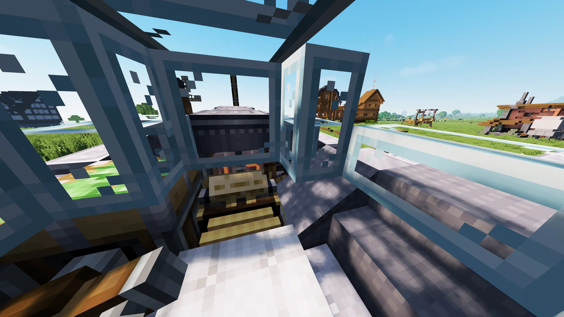 Interior view of a Minecraft plane cockpit with glass windows and controls