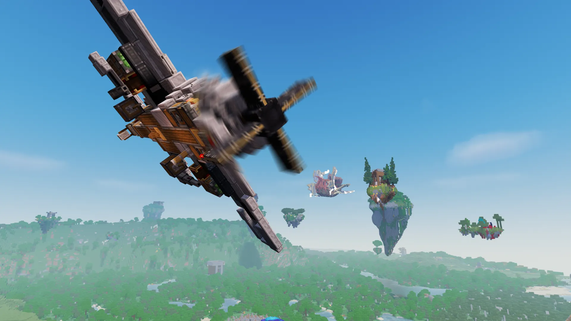 A Minecraft fighter plane with a spinning propeller flying near floating islands