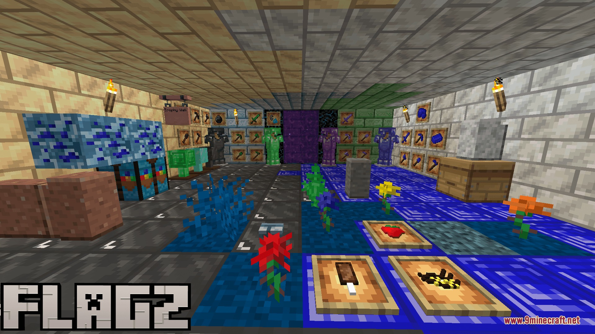 Showcase room featuring emerald and onyx armor sets from Bluether Craft Flagz Mod