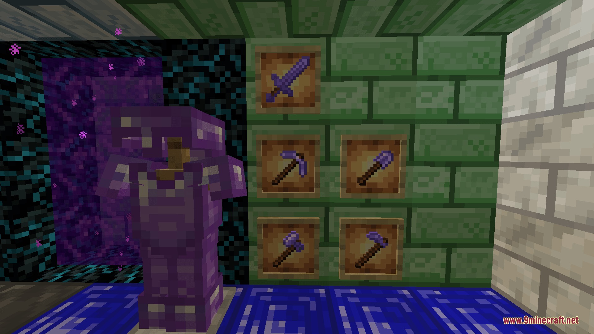 Amethyst armor stand and matching tools in item frames next to a portal