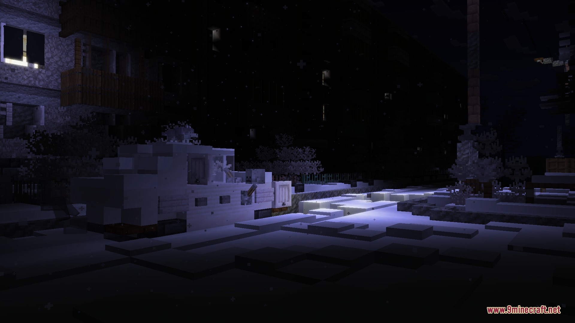Blush Resource Pack Screenshot 1 A white vehicle parked on a snowy street at night in Minecraft