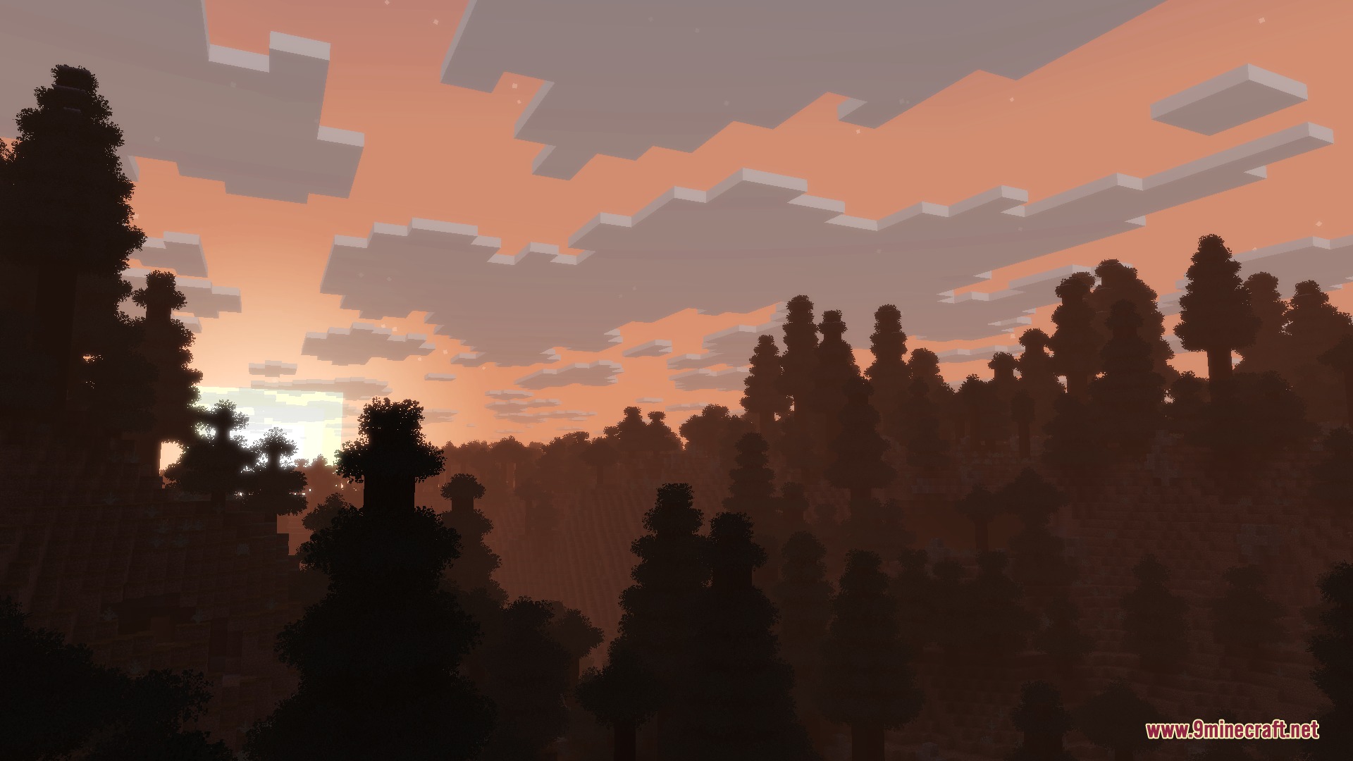 Blush Resource Pack Screenshot 2 A beautiful orange sunset over a dense forest of spruce trees in Minecraft
