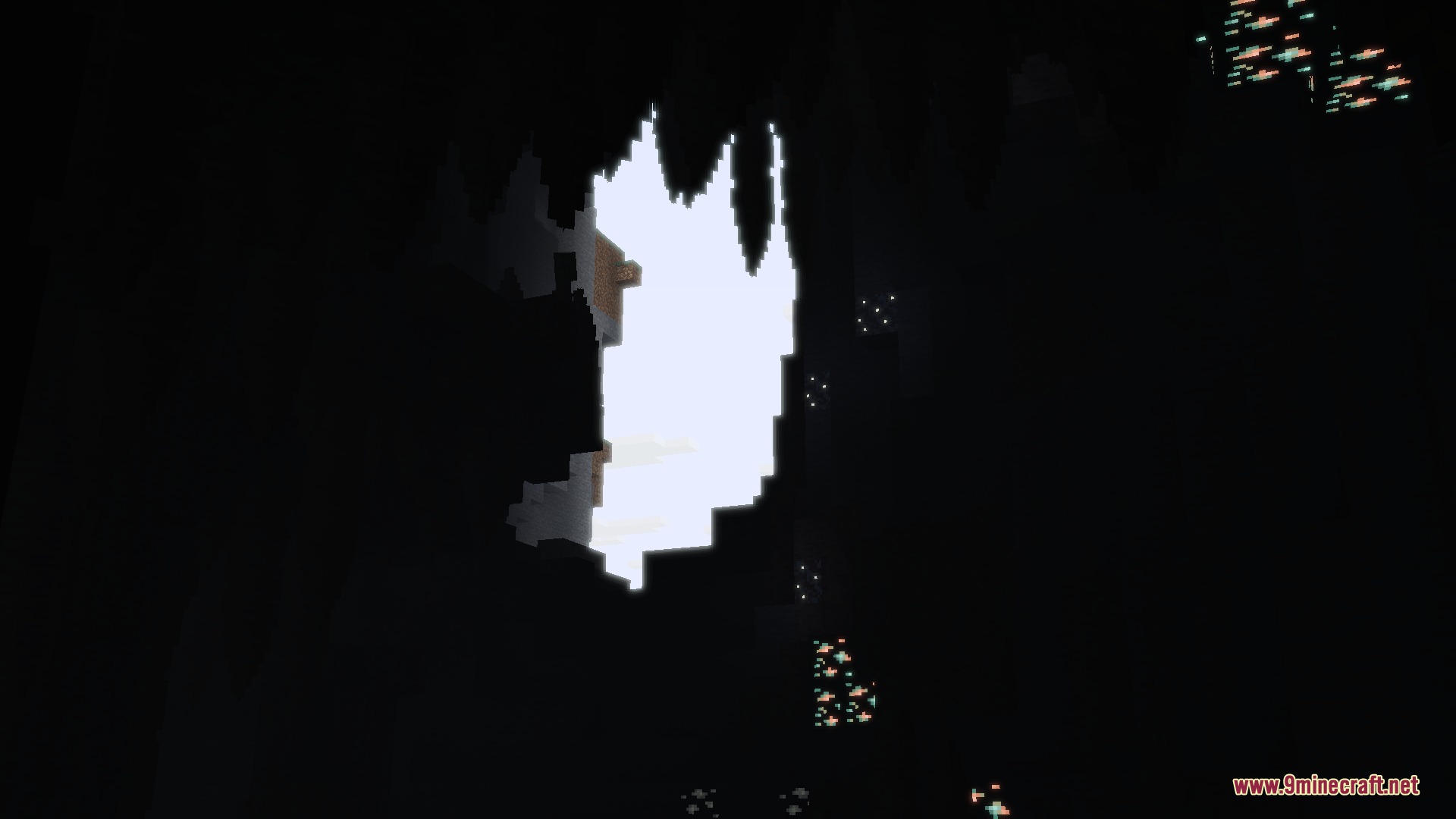 Blush Resource Pack Screenshot 3 A bright white bloom effect illuminating a dark underground cave with ores